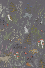 Cerfs & fleurs, motif 5 : détail photographique du papier peint, loup, lapin et champignons à droite, fond gris violacé natif.