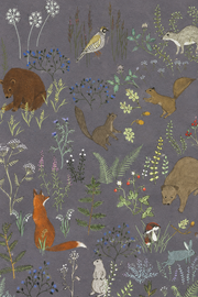 Cerfs & fleurs, motif 5 : détail photographique du papier peint, ours et écureuils du côté gauche, fond gris violacé natif.