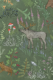 Cerfs & fleurs, motif 6 : détail photographique du papier peint, élan et plantes fines du centre bas, fond vert mousse natif.