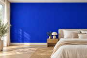 Coloris & matières — Bleu, revêtement mural dans une chambre apaisante.