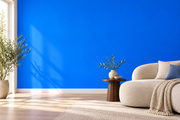 Coloris & matières — Bleu · 28, revêtement mural dans un salon contemporain.