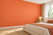Coloris & matières — Orange, revêtement mural dans une chambre apaisante.