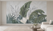 Feuillage tropical — motif 10, papier peint panoramique en situation dans un salon