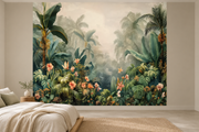 Feuillage tropical — motif 12, papier peint panoramique en situation dans une chambre
