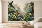 Feuillage tropical — motif 12, papier peint panoramique en situation dans un salon