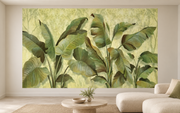 Feuillage tropical — motif 4, papier peint panoramique en situation dans un salon