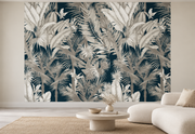 Feuillage tropical — motif 9, papier peint panoramique en situation dans un salon