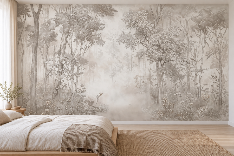 Forêt silencieuse — motif 3, panorama en situation dans une chambre