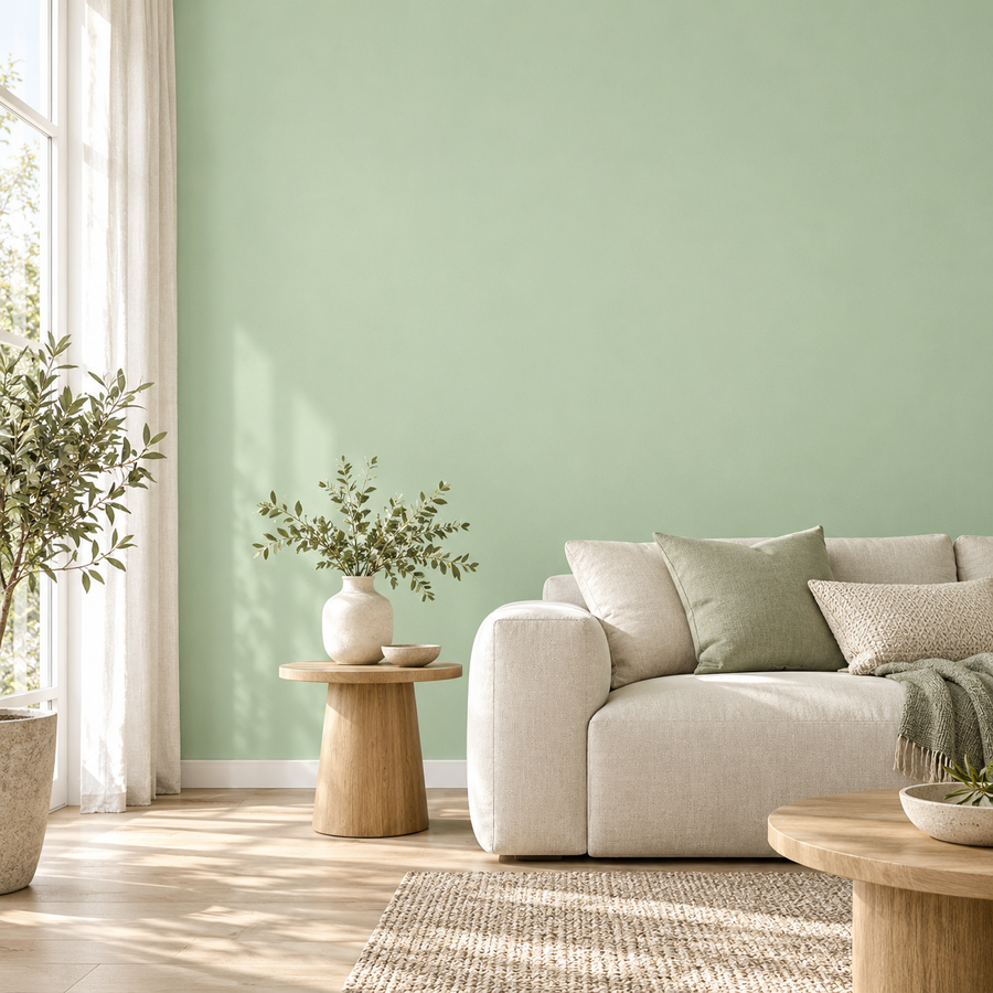 Papier peint vert sauge en situation dans un salon lumineux.