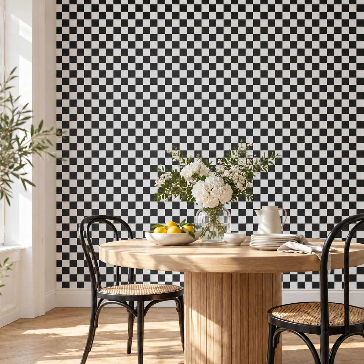 Papier peint à damier noir et blanc dans une salle à manger.