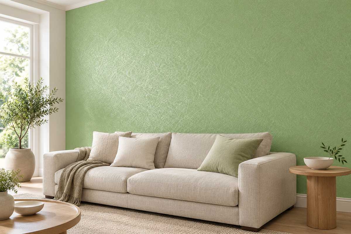 Papier peint Nuances de lin, Vert — aspect soie, en situation dans un salon.
