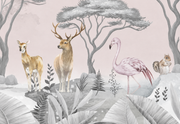 Safari des petits — motif 35, détail des deux cervidés, du flamant rose et de l’écureuil du papier peint