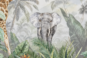 Safari des petits — motif 36, détail de la tête d’éléphant et du feuillage du papier peint