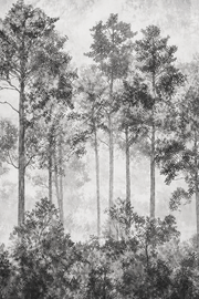 Forêt grise — détail photographique du motif, arbres et buissons gauches (vue générée)