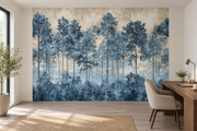 Forêt bleue — papier peint panoramique dans un bureau (mise en scène générée)