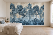 Forêt bleue — papier peint panoramique dans une chambre (mise en scène générée)