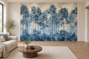 Forêt bleue — papier peint panoramique dans un salon (mise en scène générée)