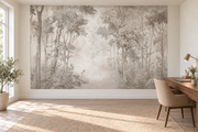 Forêt pâle — papier peint panoramique dans un bureau (mise en scène générée)