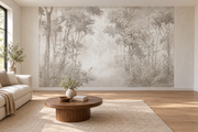 Forêt pâle — papier peint panoramique dans un salon (mise en scène générée)