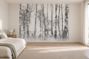 Bouleaux blancs — papier peint panoramique dans une chambre (mise en scène générée)