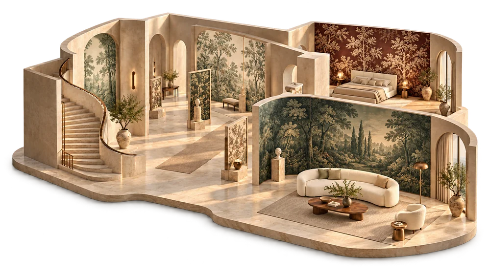 Pavillon imaginaire Maison Florée : galerie de matières, salon et chambre.